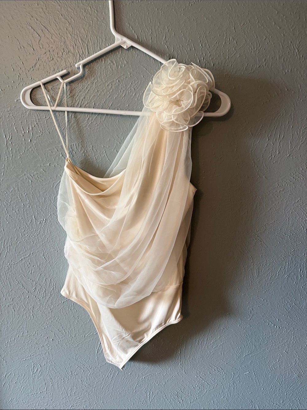 Express Sheer Ivory One-Shoulder Bodysuit with Floral Rosette